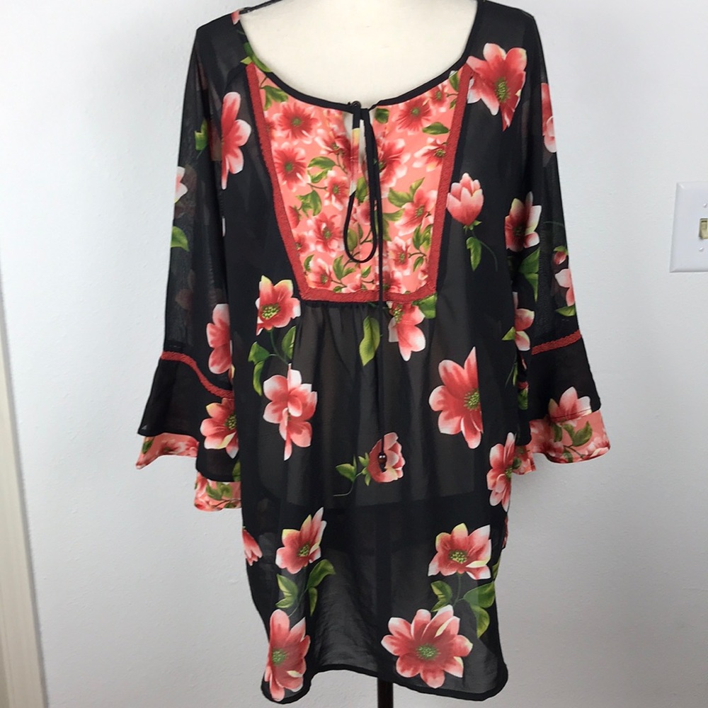 M P H Collection Boho Floral Bell Sleeves Top